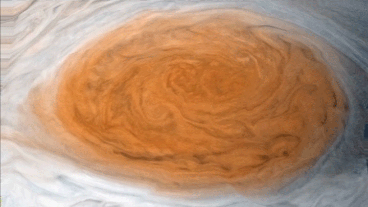 A rotating storm on Jupiter.